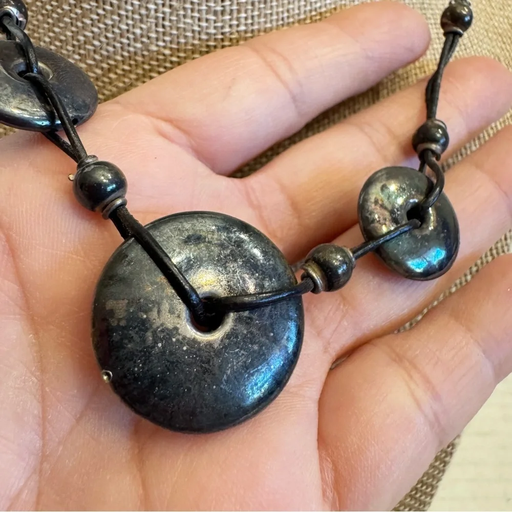 Sterling Silver Round Puffer Circle Discs Leather Cord Necklace Made in Italy - Picture 5 of 16